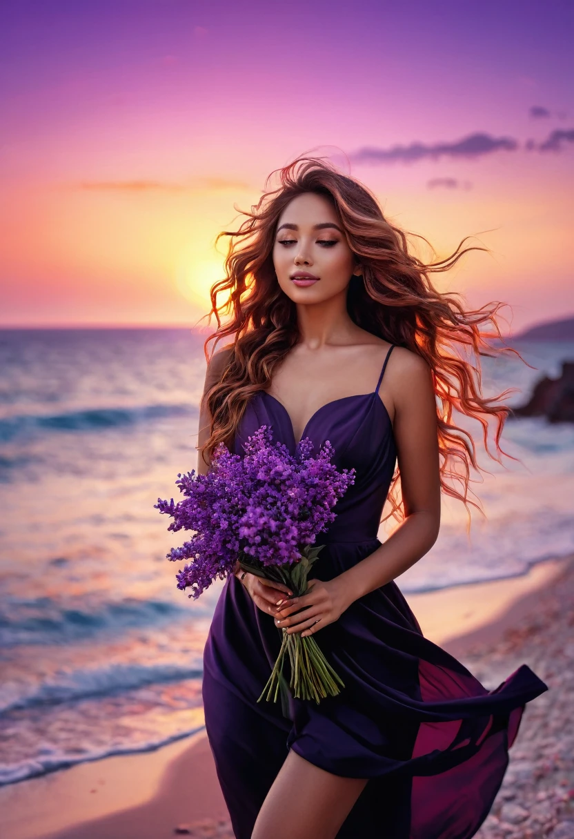 Purple flower behind the face , Hide his face with a bouquet of purple flower, Bouquet in front of the face, a beautiful mixed girl, perfect hands and feet, long red wavy hair, hair band, backlighting, black classy dress that flies in the wind, on a white perron with purple flowers, view of the ocean, pink sunset, (best quality,8k,highres,masterpiece:1.2),ultra-detailed,(realistic,photorealistic:1.37),portrait,vivid colors,bokeh
