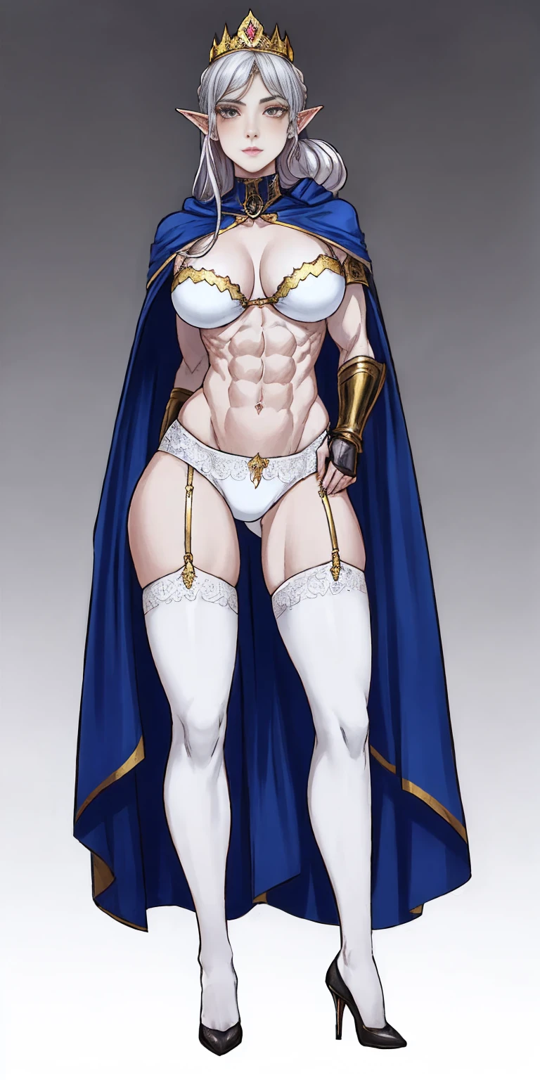 extremely long hair, ponytail, perfect anatomy 1 girl tall solo, slim thick ((muscular)) high elf full body toe to head toned body, silver breast plate, blue cape, slendered abs, hourglass waist, detailed face, defined cheekbones, puffy lips, gauntlets, gold crown, shadow over eyes, looking at viewer, masterpiece, white thigh highs lingerie, high heels