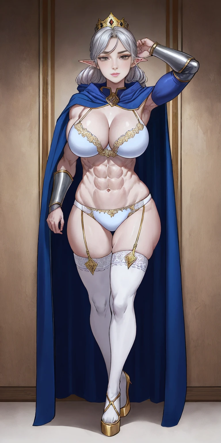 extremely long hair, ponytail, perfect anatomy 1 girl tall solo, slim thick ((muscular)) high elf full body toe to head toned body, silver plate, blue cape, slendered abs, hourglass waist, detailed face, defined cheekbones, puffy , gauntlets, gold crown, shadow over eyes, looking at viewer, masterpiece, white thigh highs lingerie, high heels