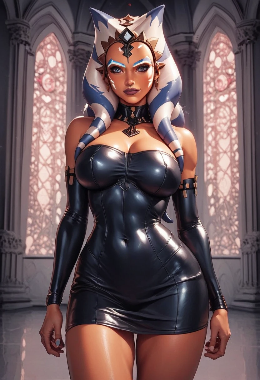 score_9, score_8_up, score_7_up Ahsoka Tano, r, orange skin, white markings, (huge breast:1.2), tight battle suit, nipple , sitting on throne