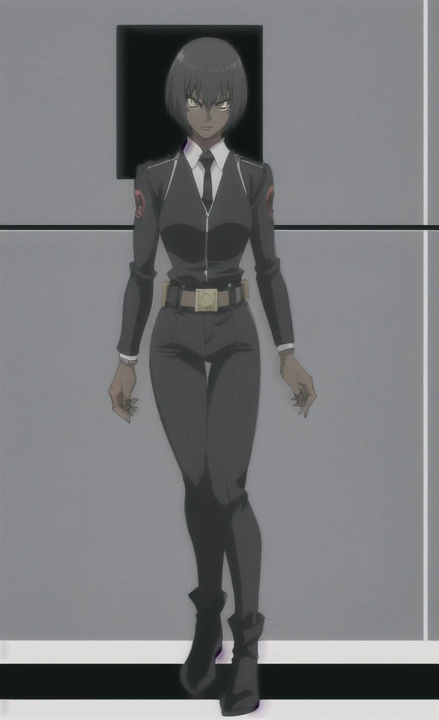 90s anime skinny evil fully grown black skinned woman with short hair wearing a swat uniform full body