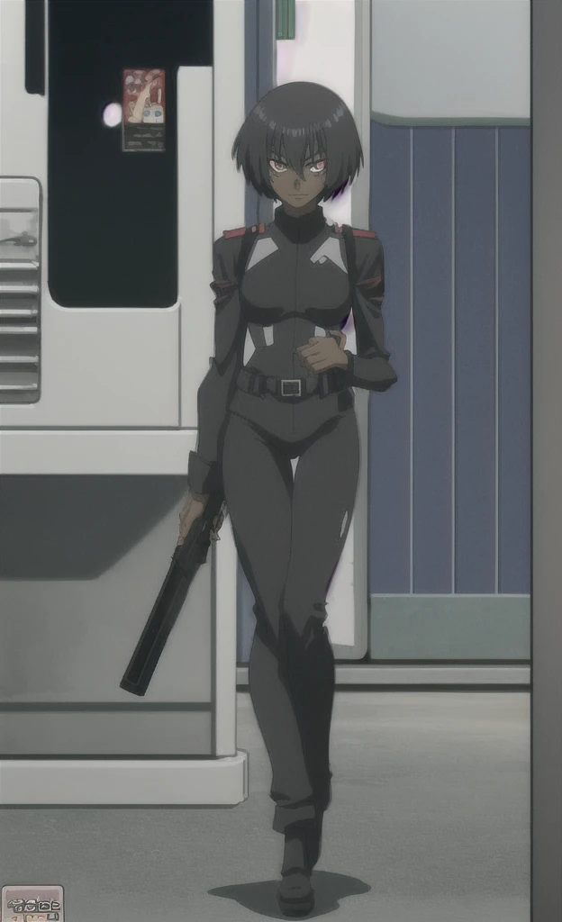 90s anime skinny evil fully grown black skinned woman with short hair wearing a swat uniform full body