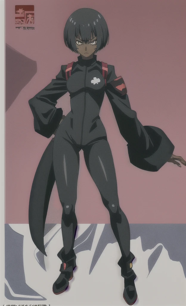 90s anime skinny evil fully grown black skinned woman with short hair wearing a swat uniform full body