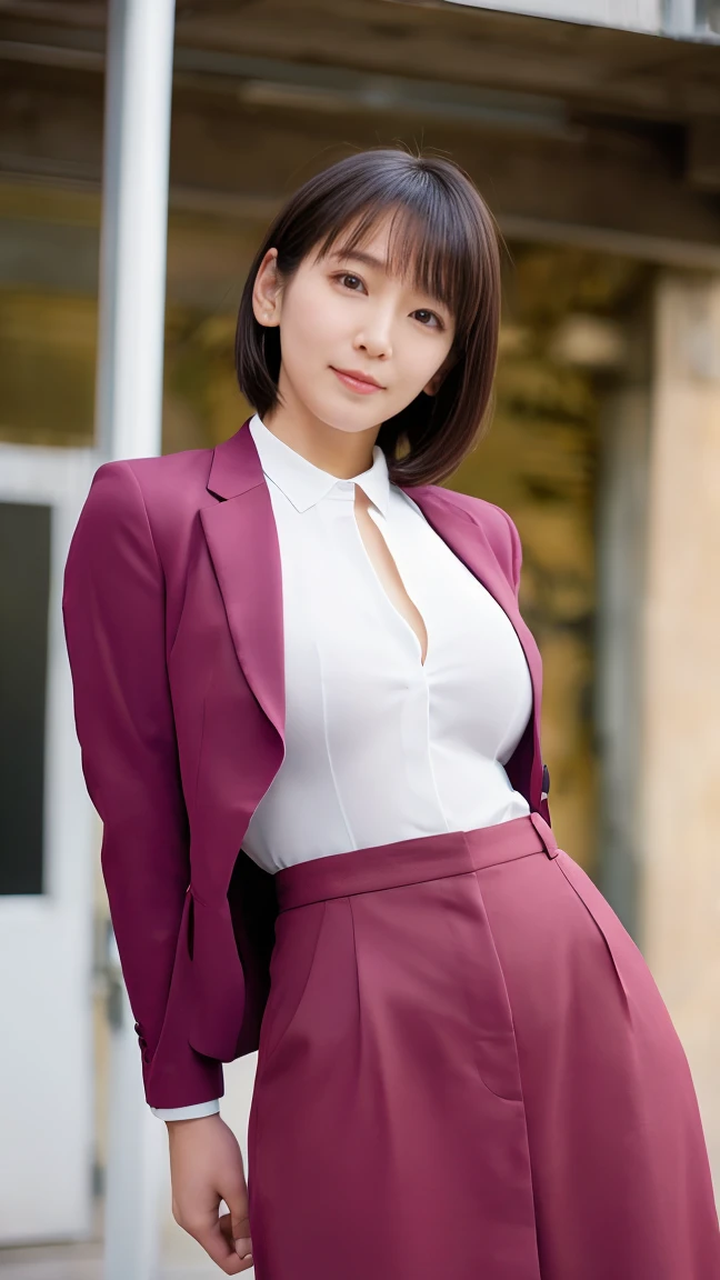 (1 woman),beauty,Beautiful Face,smile,(office lady suit:1.2),( open clothes,front open shirt)A dignified appearance,Plump Style,(big breasts:1.3)、(Peeking into this、Front view),Focus on the chest,Ultra-realistic,Ultra-high resolution,highest quality,8k,masterpiece,(random location)、The cutest Yoshioka Riho,(short bob hair:1.3),(portrait),(nipple stand:1.2),(arms behind back:1.4),(arms behind),(hands bihaind back)