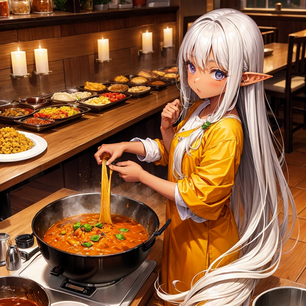 Making curry at a curry restaurant　A brown-skinned elf with long silver hair　