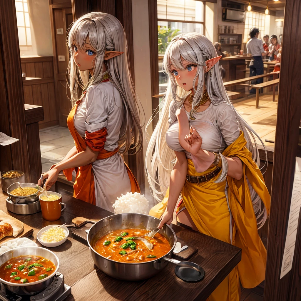 Making curry at a curry restaurant A brown-skinned elf with long silver hair