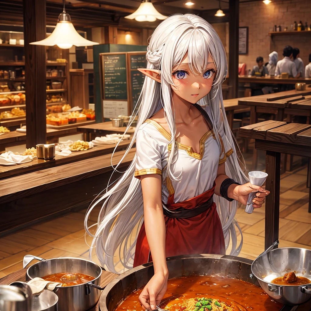 Making curry at a curry restaurant　A brown-skinned elf with long silver hair　