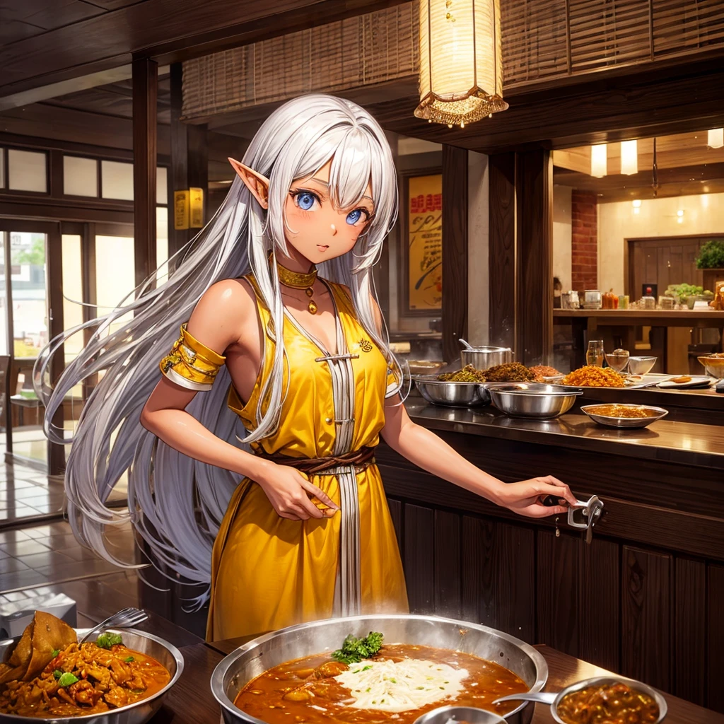 Making curry at a curry restaurant A brown-skinned elf with long silver hair