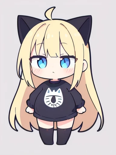 highres, 1girl, simple_background, white_backgroun, full body, Blonde hair, long hair, blue eyes, cat ears, black plastic clothes, cute girl, chibi girl, fat girl, fat