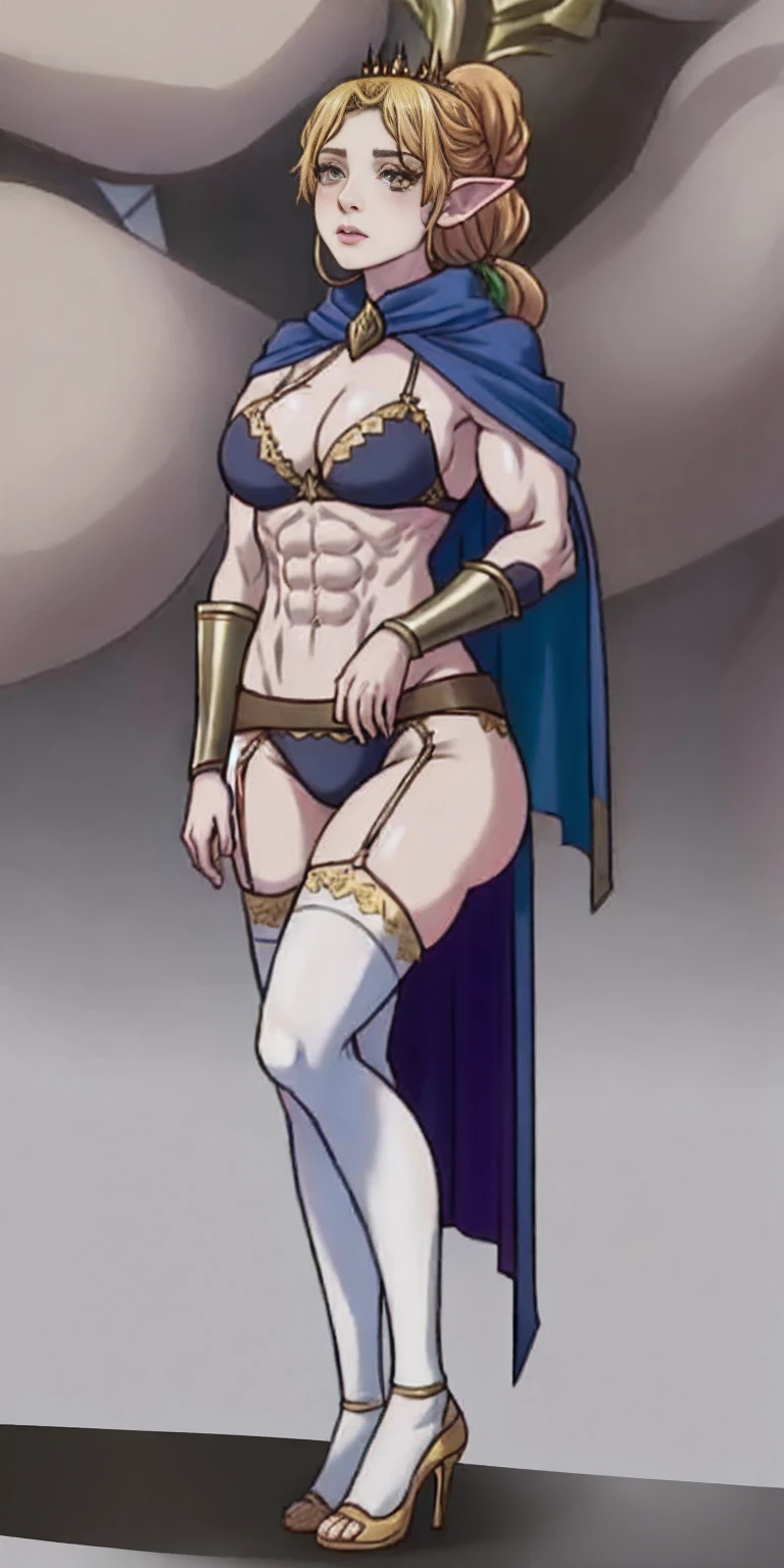 extremely long hair, ponytail, perfect anatomy 1 girl tall solo, slim thick ((muscular)) high elf full body toe to head toned body, silver breast plate, blue cape, slendered abs, hourglass waist, detailed face, defined cheekbones, puffy lips, gauntlets, gold crown, shadow over eyes, looking at viewer, masterpiece, white thigh highs lingerie, high heels