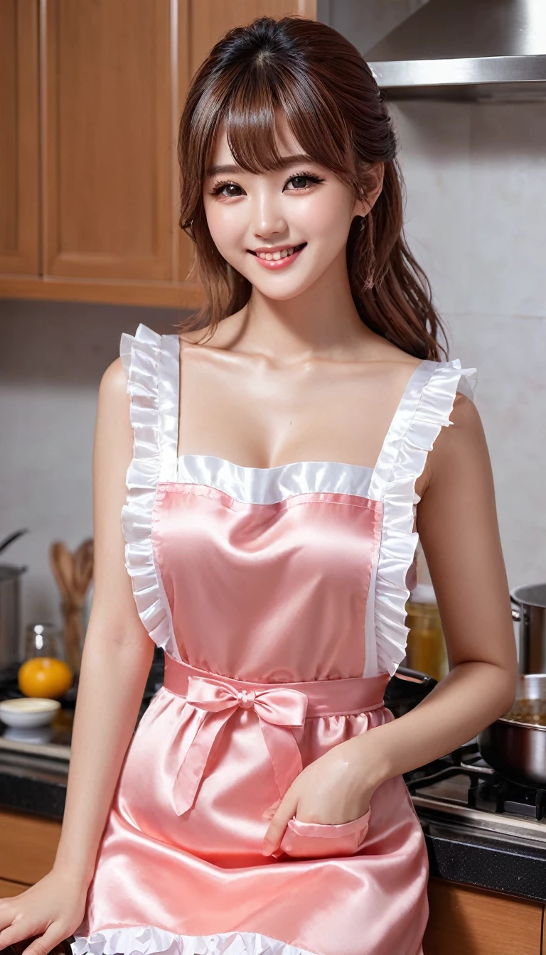 Product quality, One girl, Full Body Shot, Front view, Young and pretty girl in Japan, Shoulder-length hair, She was wearing only a pink silk satin apron with white frills around her naked body.、With a big smile, Cooking in a luxurious kitchen, Attractive person, Wet Hair, Wet body, Big Breasts, Super cute face, Glossy Lips, Double eyelids on both eyes, Natural Makeup, Long eyelashes, Shiny and smooth light brown hair, Asymmetrical bangs, Fair skin, Center image, High resolution, Attention to detail, Detailed hairstyle, Detailed face, Cinema Lighting, Octane Rendering, Vibrant, Ultra-realistic, Perfect limbs, Perfect Anatomy