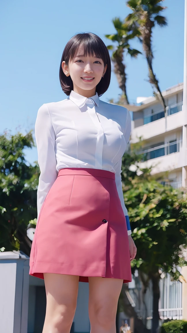 (1 woman),beauty,Beautiful Face,smile,(office lady suit:1.2),(open  clothes,front open shirt,mini skirt)A dignified appearance,Plump Style,(big breasts:1.3)、(Peeking into this、Front view),Focus on the chest,Ultra-realistic,Ultra-high resolution,highest quality,8k,masterpiece,(random time,office)、The cutest Yoshioka Riho,(short bob hair:1.3),(portrait),(nipple stand:1.2),(arms behind back:1.4),standing,