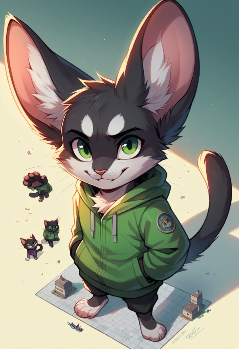 anthro, cat, white fur, green eyes, green jacket, big ears, black tail tip, furry, looking down, Viewers look at, Viewer looks up, smiling, above standing, Macro, Fußfocus, alone, good lighting, Focus on feet, raised foot, Focus on the bottom of the foot, fluffy, furry paws, Paw pads, schwarze Paw pads, stomp something, adult