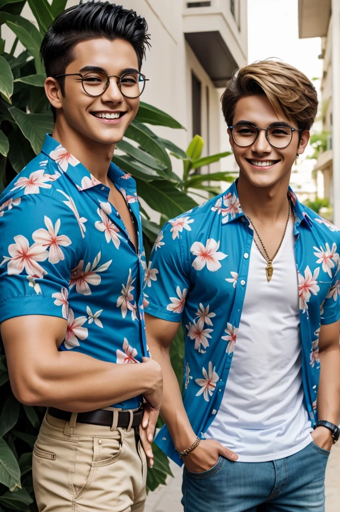 Male anime character shorts blue hawaiian flower shirt preppy boy sumer collar spiked hair blonde black glasses happy smile