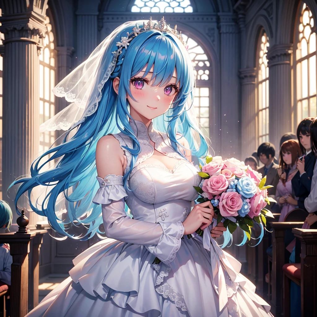 Sky Blue Medium Hair, (Braided Hair),(Pink Eyes),Fair skin ,(whole body),(1 girl),bride,smile、Straight bangs, 6月のbride,Wedding dress,(masterpiece, Highest quality, Very detailed, Best Shadow), (Detailed Background), (Beautifully detailed face), High Contrast, (Best lighting, Very delicate and beautiful), ((Cinematic Light)), colorful, Hyper Detail, Dramatic Light, Intricate details,Wedding hall,
