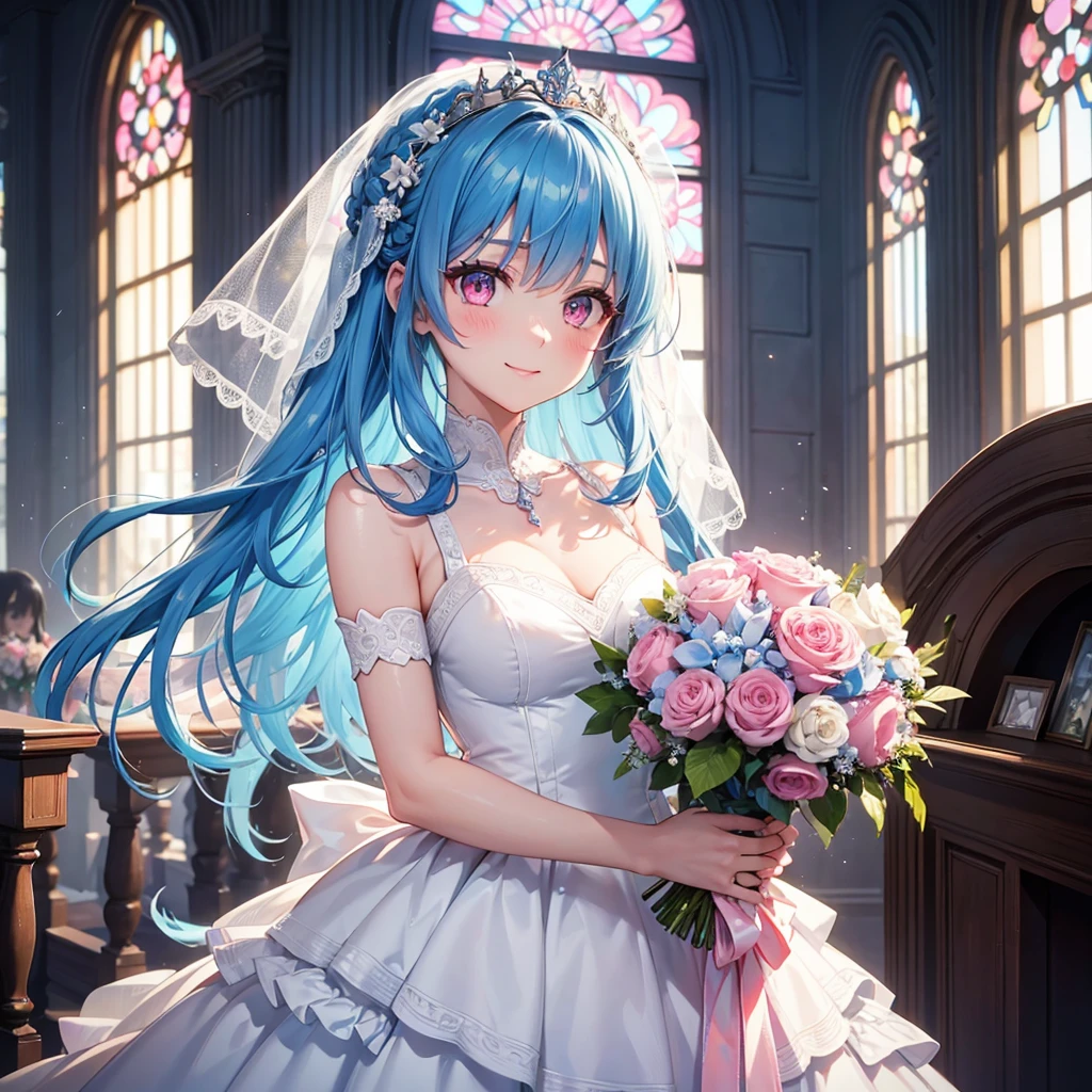 Sky Blue Medium Hair, (Braided Hair),(Pink Eyes),Fair skin ,(whole body),(1 girl),bride,smile、Straight bangs, 6月のbride,Wedding dress,(masterpiece, Highest quality, Very detailed, Best Shadow), (Detailed Background), (Beautifully detailed face), High Contrast, (Best lighting, Very delicate and beautiful), ((Cinematic Light)), colorful, Hyper Detail, Dramatic Light, Intricate details,Wedding hall,