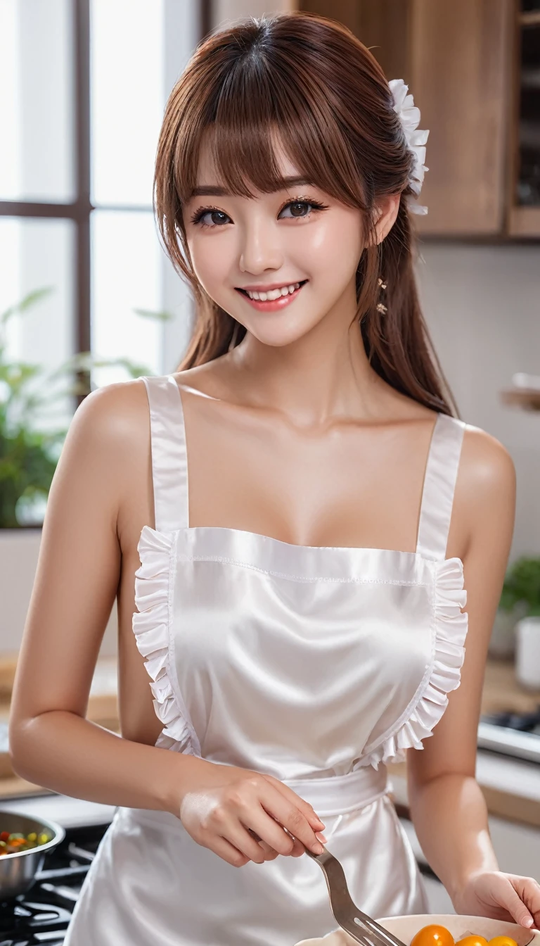Product quality, One girl, Full Body Shot, Front view, Young and pretty girl in Japan, Shoulder-length hair, She was wearing only a white apron of silk satin with white frills on her naked body.、With a big smile, Cooking in a luxurious kitchen, Attractive person, Wet Hair, Wet body, Big Breasts, Super cute face, Glossy Lips, Double eyelids on both eyes, Natural Makeup, Long eyelashes, Shiny and smooth light brown hair, Asymmetrical bangs, Fair skin, Center image, High resolution, Attention to detail, Detailed hairstyle, Detailed face, Cinema Lighting, Octane Rendering, Vibrant, Ultra-realistic, Perfect limbs, Perfect Anatomy