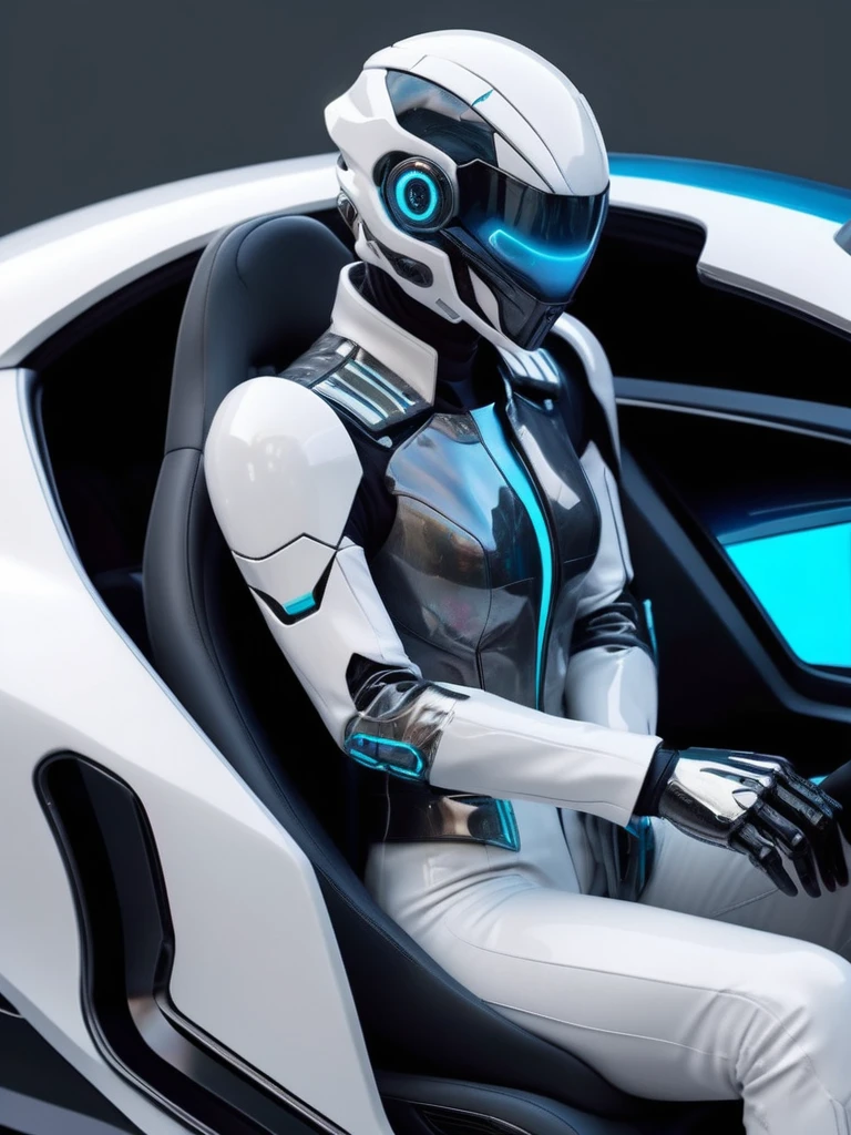 ral-opal, meahophontron, cyberpunk demonio, (White suit , black gray) With futuristic armor, (along with a super sports car) blue colors, black, gray with soft tones, background image: (driving through the sea)