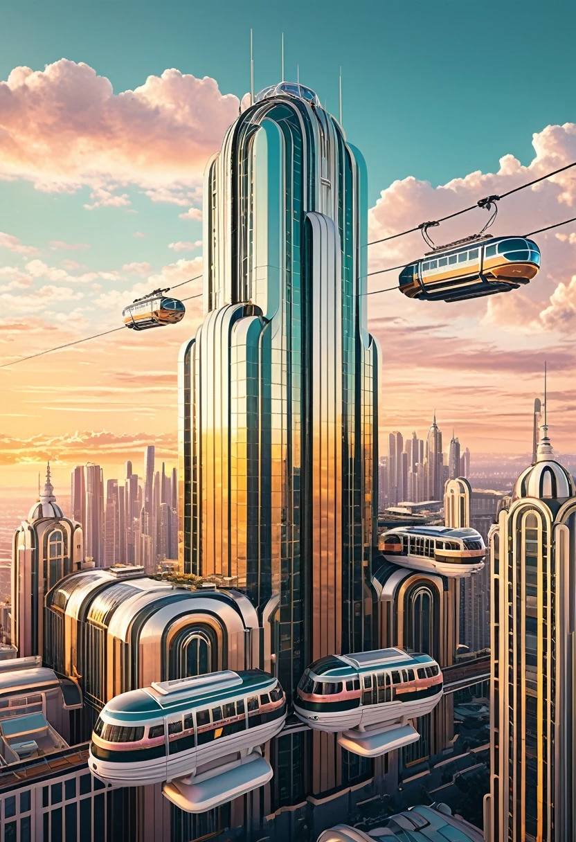 A majestic floating city bathed in the golden light of a setting sun. Retro-futuristic skyscrapers with rounded edges and chrome accents pierce the clouds, connected by sky bridges and aerial trams. (Style: Art Deco architecture, pastel color palette, sense of wonder and optimism)