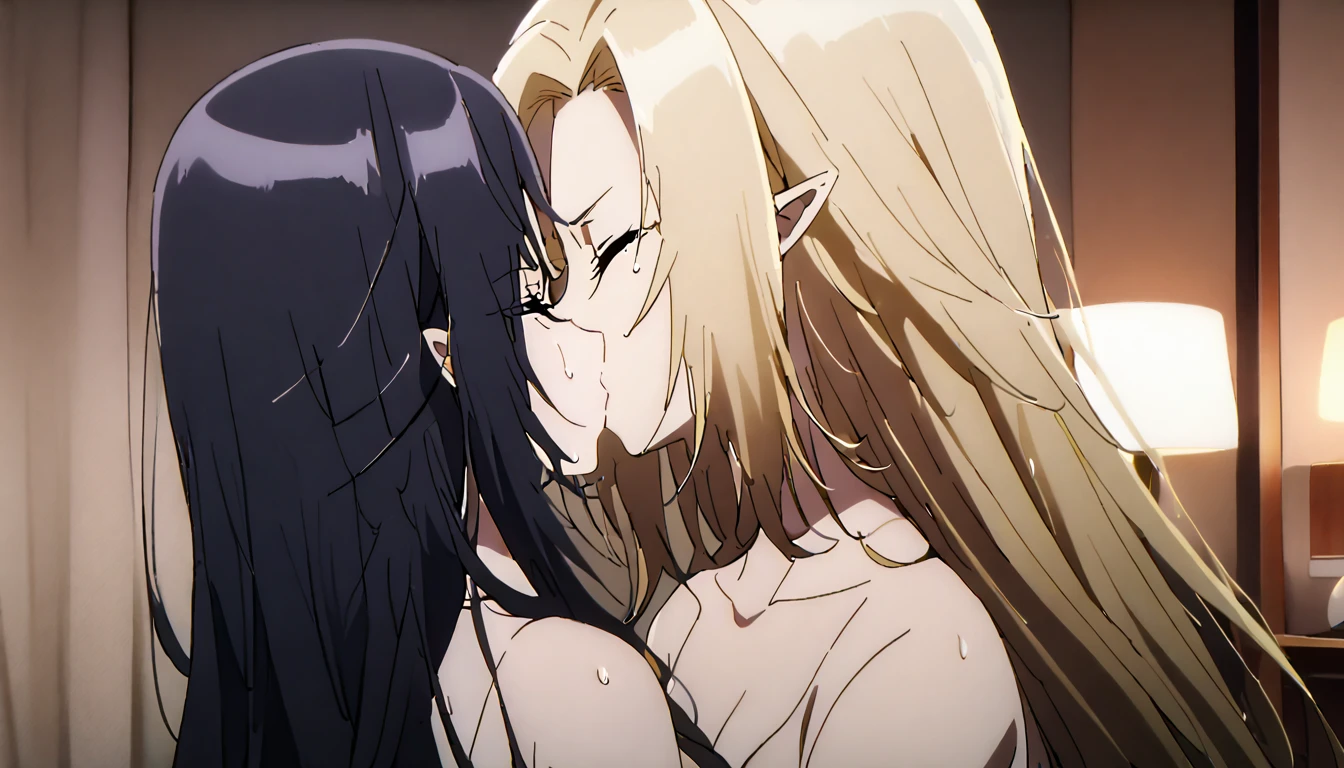 Two Women,Alpha ,Elf,Long blonde, ,gamma,Elf,Long Black Hair , 12 years old Erect nipples, kiss, 
 ((My crotch is wet)),Are standing,Love Hotel,(masterpiece:1.2), High resolution, Highest quality, 8k,