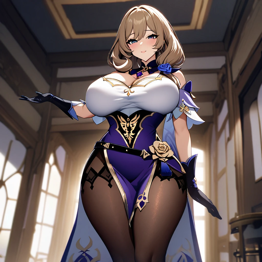 lisa(genshin impact),1girl,solo,super huge breasts,looking at viewer,near,standing up,in room