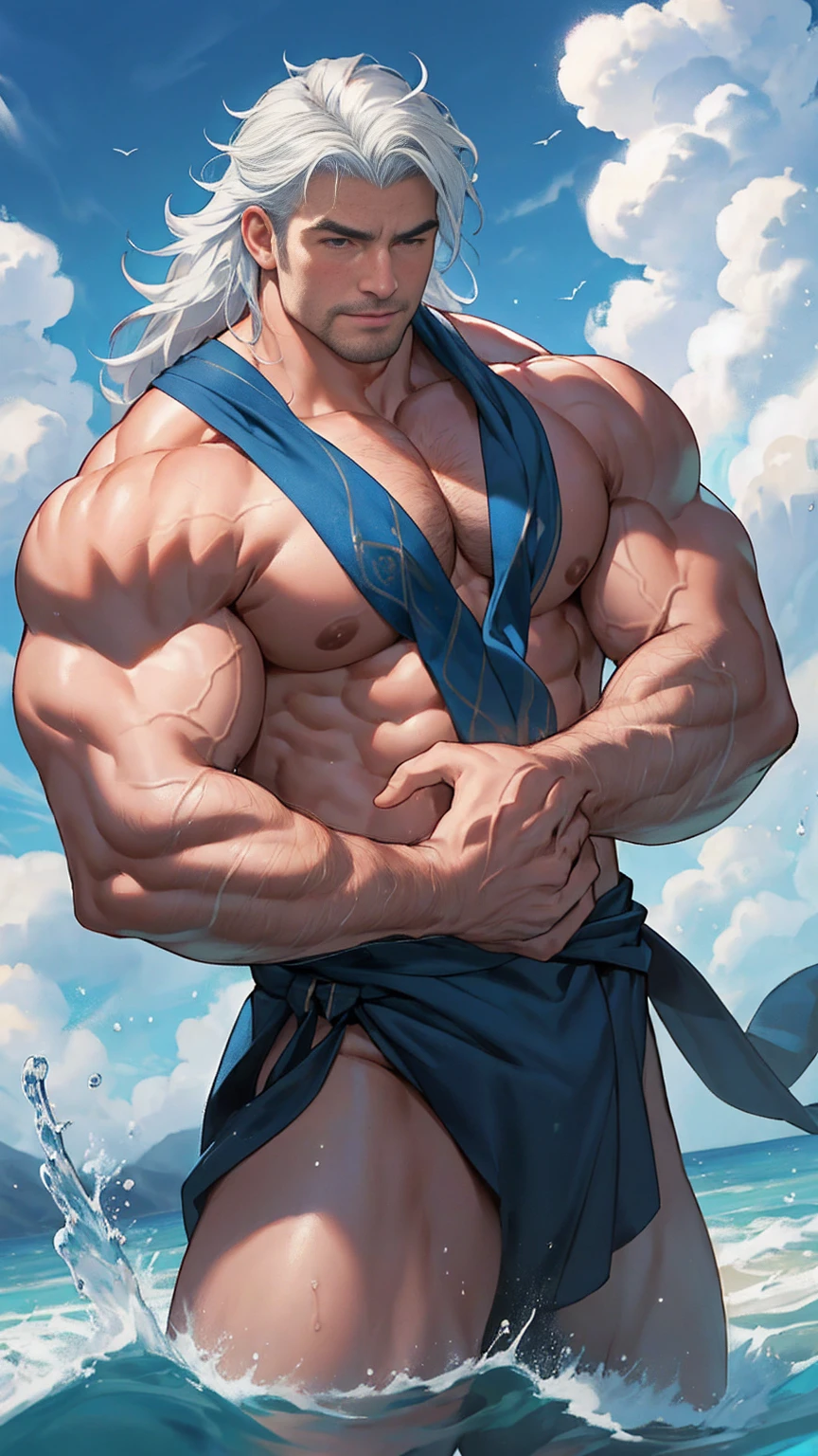Highest quality、masterpiece、Ultra-high resolution、Detailed Background、Game CG、Muscular man、Mature Men、The chunky body of a rose、Thick arms、Thick thighagician、Current unrest、Above the Clouds、Water flows around the body、Magical Droplets、water water、