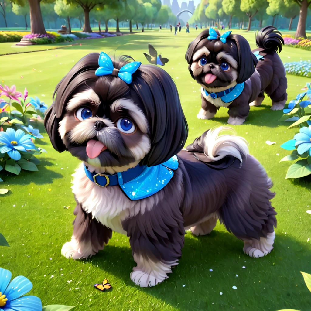 2 adorable small shih black shih tzu puppies wearing blue collars with bright blue eyes playing in park butterflies and flowes in background  3D Pixar style