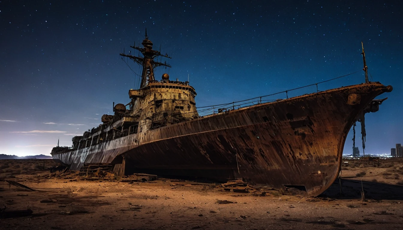 large warship rusty propeller bow abandoned in post apocalyptic desert night big city in the background