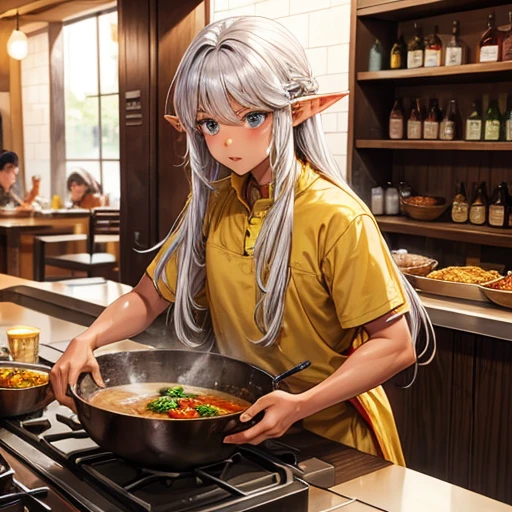 Making curry at a curry restaurant A brown-skinned elf with long silver hair