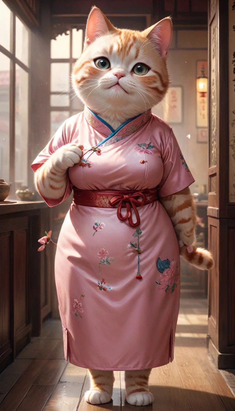 Crying face、tears、small, かわいいto be bornき物, Wearing cheongsam、 whole body,small , Are standing, Costume, Chinese restaurant、 Fantasy art, Exquisite detail, Jean-Baptiste Monge Style, office、Alan Lee Style, Anthropomorphic, Fat, A pink cat with big eyes, Movie Scenes, Dramatic shot angles, , Realistic, to be born々Stunning cinematic photorealism, Action Portrait, 8k, detailed, Full Frame