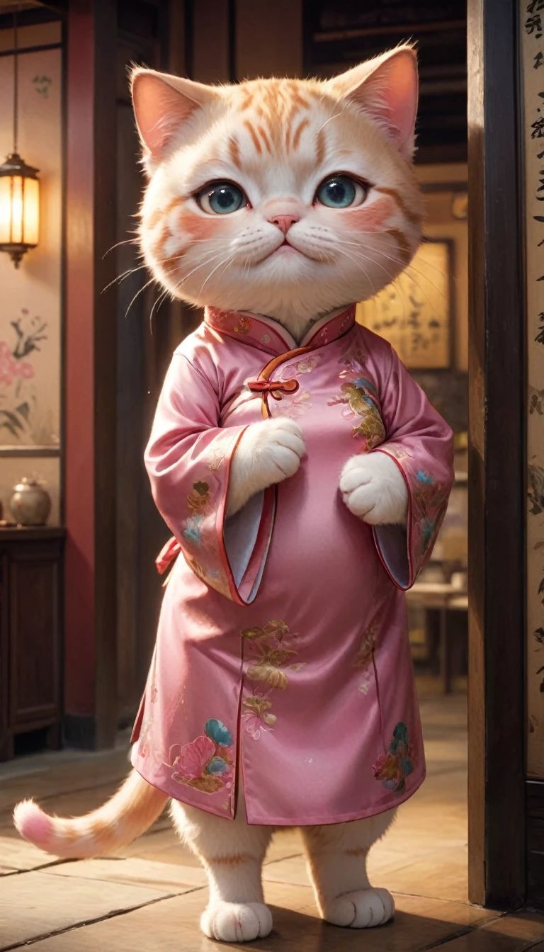 Crying face、tears、small, かわいいto be bornき物, Wearing cheongsam、 whole body,small , Are standing, Costume, Chinese restaurant、 Fantasy art, Exquisite detail, Jean-Baptiste Monge Style, office、Alan Lee Style, Anthropomorphic, Fat, A pink cat with big eyes, Movie Scenes, Dramatic shot angles, , Realistic, to be born々Stunning cinematic photorealism, Action Portrait, 8k, detailed, Full Frame