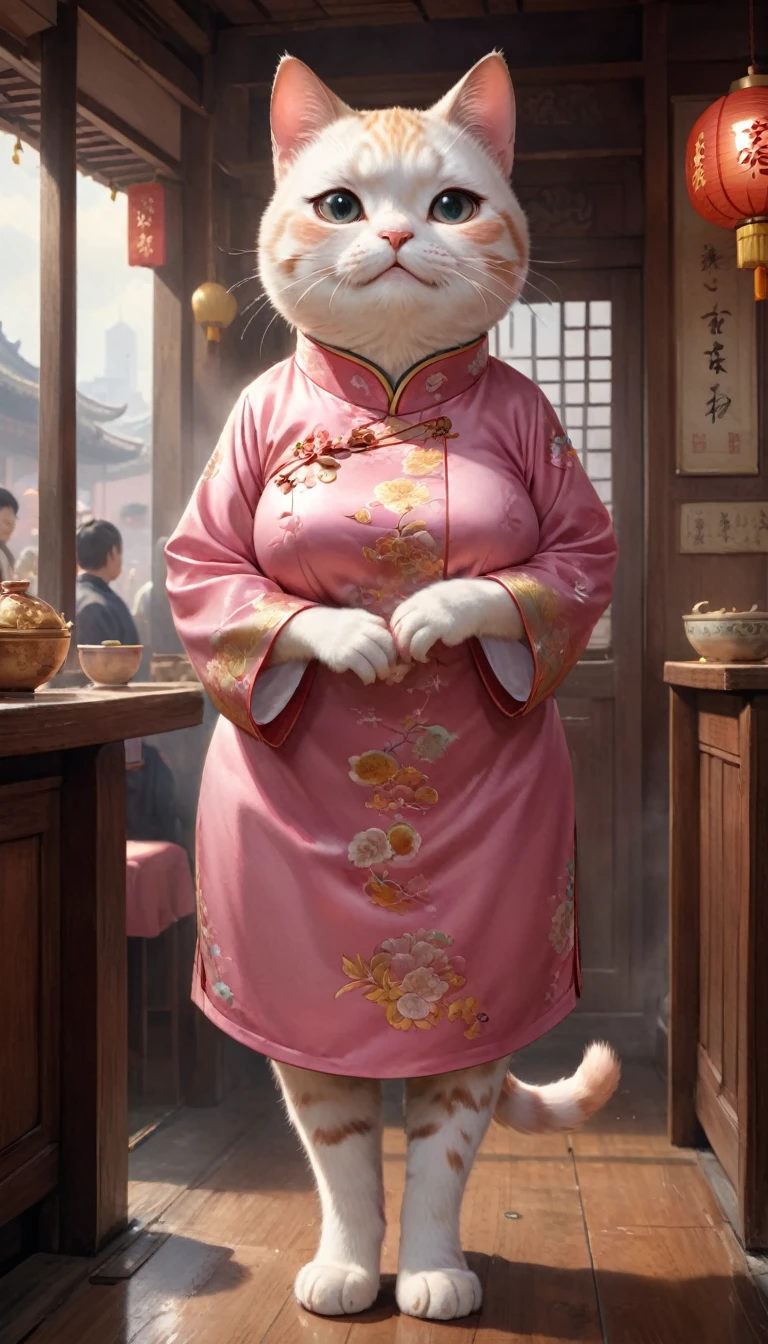 Crying face、tears、small, かわいいto be bornき物, Wearing cheongsam、 whole body,small , Are standing, Costume, Chinese restaurant、 Fantasy art, Exquisite detail, Jean-Baptiste Monge Style, office、Alan Lee Style, Anthropomorphic, Fat, A pink cat with big eyes, Movie Scenes, Dramatic shot angles, , Realistic, to be born々Stunning cinematic photorealism, Action Portrait, 8k, detailed, Full Frame