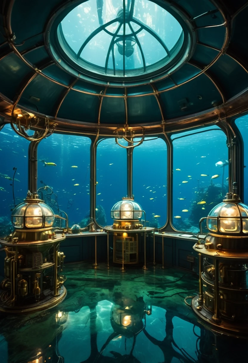 A sprawling underwater research station nestled on the ocean floor of an alien world. Large, domed windows offer glimpses of bioluminescent marine life, while scientists in vintage diving suits explore the depths. (Style: Brass and copper accents, glowing tubes and wires, sense of mystery and discovery)
