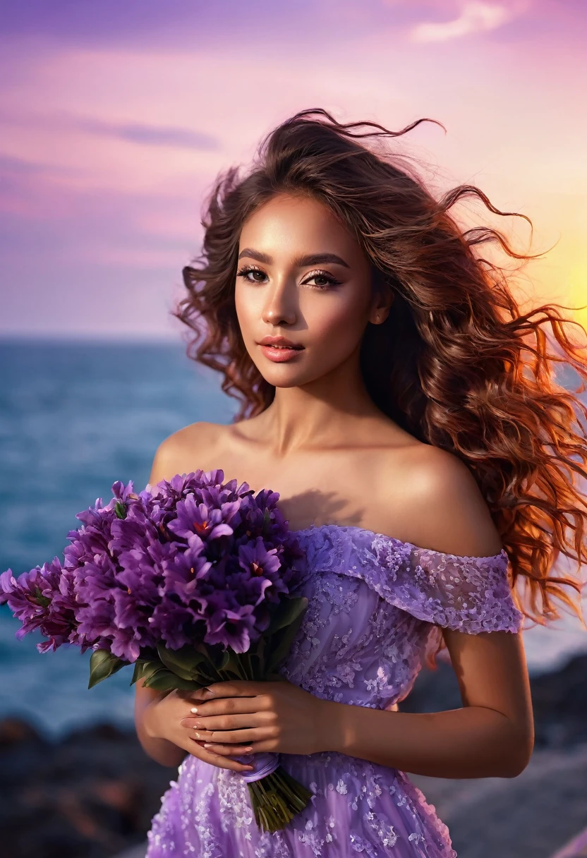 Face Purple flower front the face , Hide his face with a bouquet of purple flower, Bouquet in front of the face, a beautiful mixed girl, perfect hands and feet, long red wavy hair, hair band, backlighting, black classy dress that flies in the wind, on a white perron with purple flowers, view of the ocean, pink sunset, (best quality,8k,highres,masterpiece:1.2),ultra-detailed,(realistic,photorealistic:1.37),portrait,vivid colors,bokeh