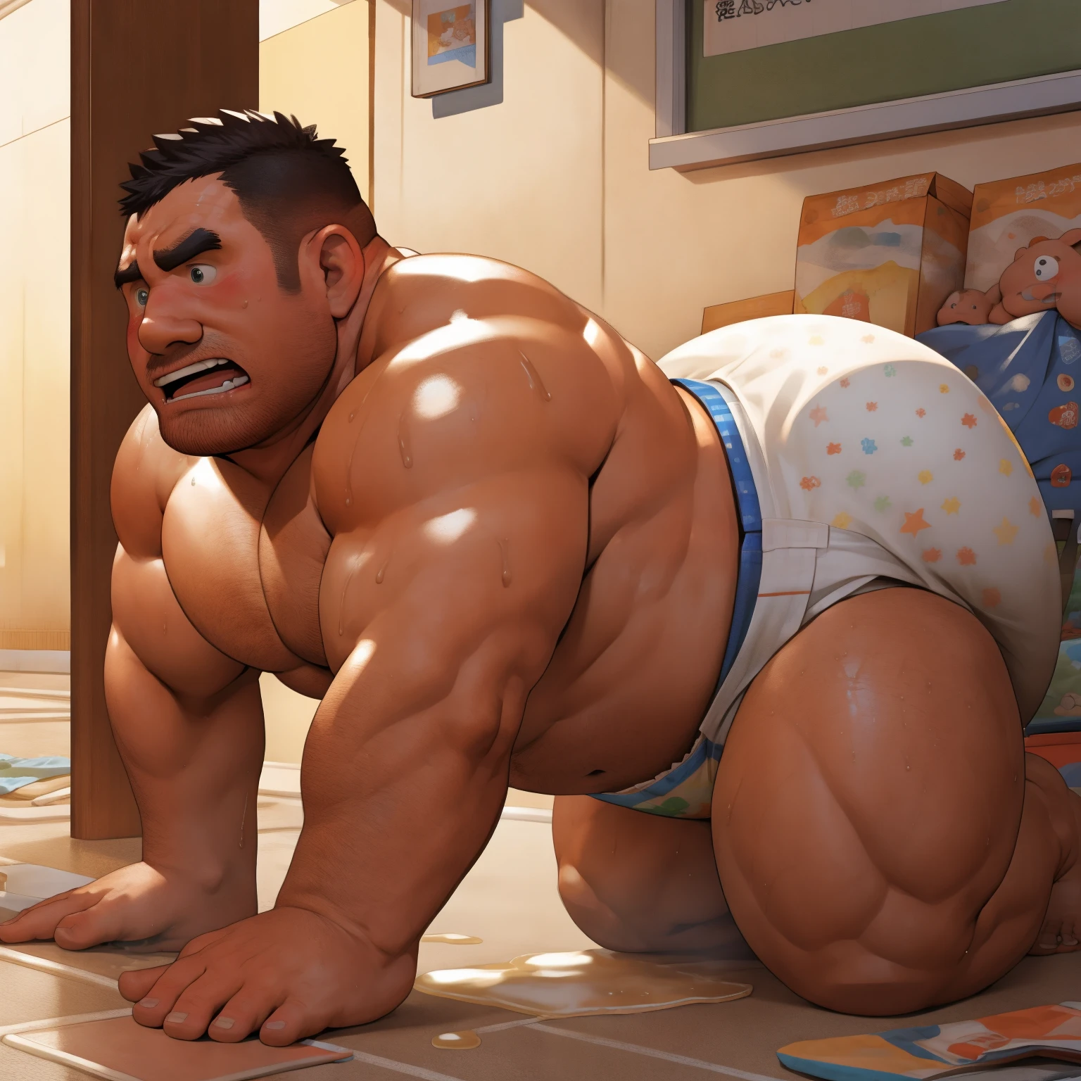 masterpiece, Top quality, in 32K, perfect anatomy, hyper detailed, super fine illustration, The thick man is a brutal prisoner, retarded, hairy human, 50yo in Japan, (fatness: 1.0), Fatty muscle, Bowleg, disappointment, incontinent, shy, sissy, Weaker than children, Drool, Round face, be diaper check by children, waddle, There is a small puddle under him, incontinent, Naked, short legs, Bowleg, spread legs, wear a White cloth Diaper, Bare belly, Bare legs, Bare foots, Bare soles, Shirtless, wide forehead and short thinning hair, Man with round face with stubble, Bare foots, Bare soles, He enters nursery school and is despised by children, He surrounded by children, His bottom is wet, Bare foots, big butt, he is scolded by the children, White Diaper, He surrounded by children, sobbing, wear a White cloth Diaper, shirtless, There is a small puddle under him, He enters nursery school and is despised by children, big butt, sobbing, He crawling to go to children, on all fours, side view