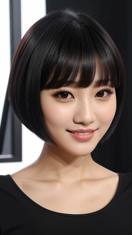 uma de uma mulher ela tem cabelo preto with bangs, Hime black haircut, ulzzang, korean, with short hair with bangs, with short hair, dilraba dilmurat, garota gótica korean cruel, white hime cut hairstyle, hair styled like bangs, with bangs, korean symmetrical ,,,,,,,,,,,, She smiles with a dimpled smile and a touch of white teeth.. The image is captured in high quality, with sharp focus and volumetric lighting that accentuates your features. The detailed, realistic skin texture resembles a masterpiece, as if it were taken with a DSLR in soft lighting. She wears light lipstick. The atmosphere is sensual and captivating, as if telling the story of a confident and attractive woman. ,generous neckline. hot sensual air,fiery