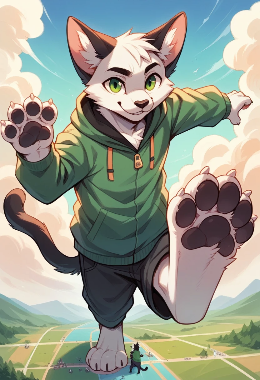 anthro, cat, white fur, green eyes, green jacket, big ears, black tail tip, furry, looking down, Viewers look at, Viewer looks up, smiling, above standing, Macro, Fußfocus, alone, good lighting, Focus on feet, raised foot, Focus on the bottom of the foot, fluffy, furry paws, Paw pads, schwarze Paw pads, stomp something, adult