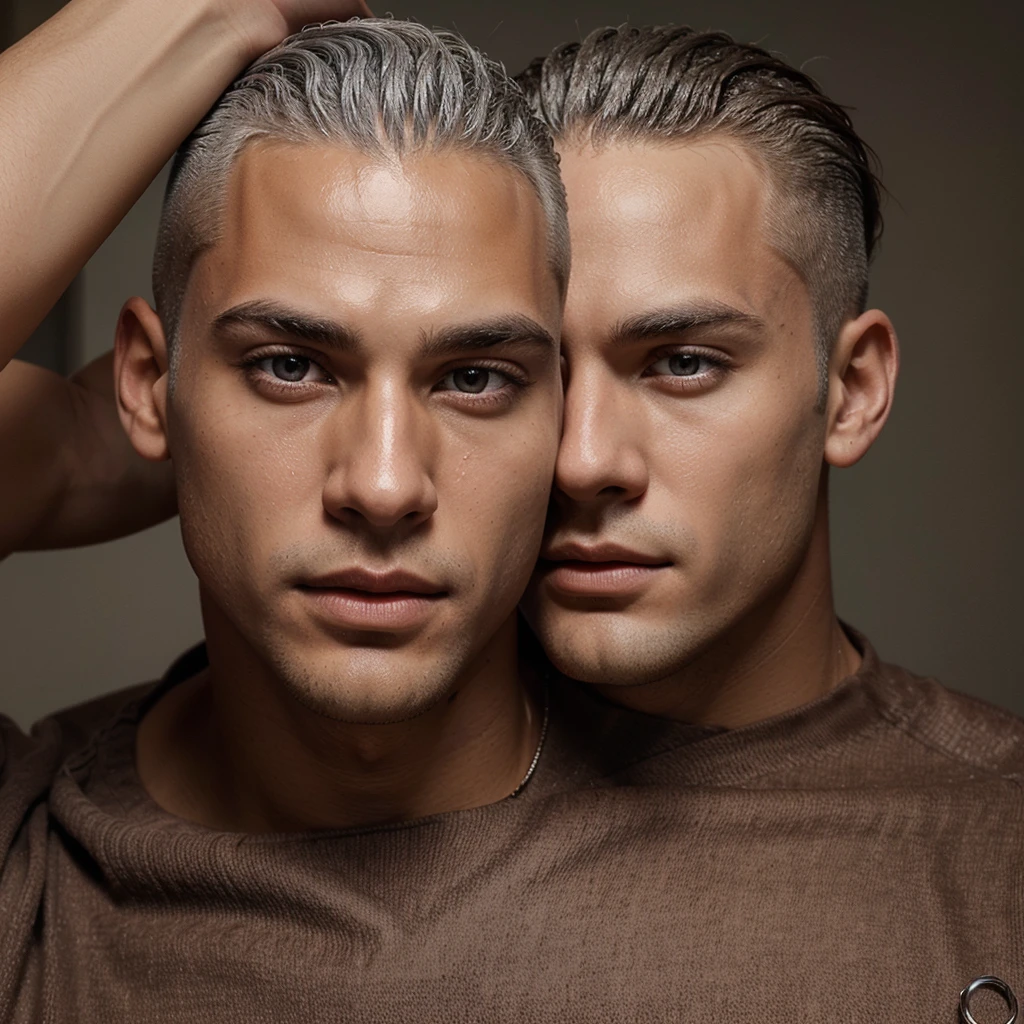 Create a handsome high school senior boy, make sure your skin is a chocolatey tone and your features are American, his hair is silvery gray shaved on the sides of his head, but there is a length in the center, make the image real, but not so real, your lips should be full and red like blood and moist, and his eyes... His eyes are the color of the moon and he is so beautiful at the same time.