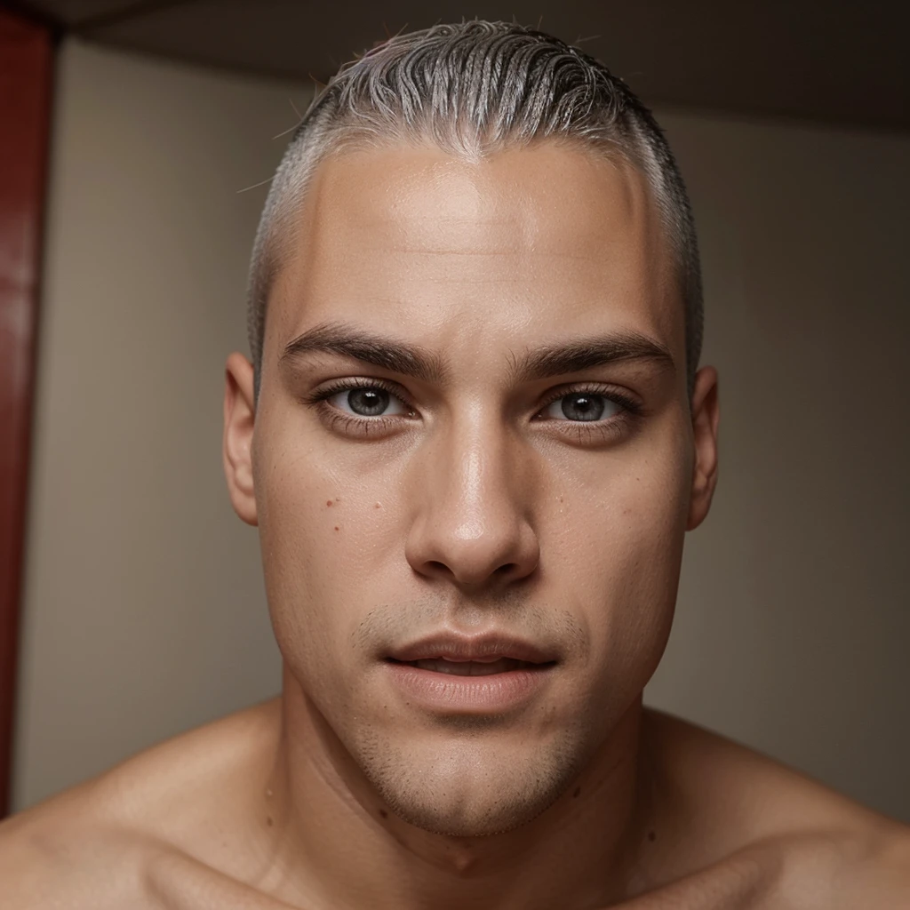 Create a handsome high school senior boy, make sure your skin is a chocolatey tone and your features are American, his hair is silvery gray shaved on the sides of his head, but there is a length in the center, make the image real, but not so real, your lips should be full and red like blood and moist, and his eyes... His eyes are the color of the moon and he is so beautiful at the same time.