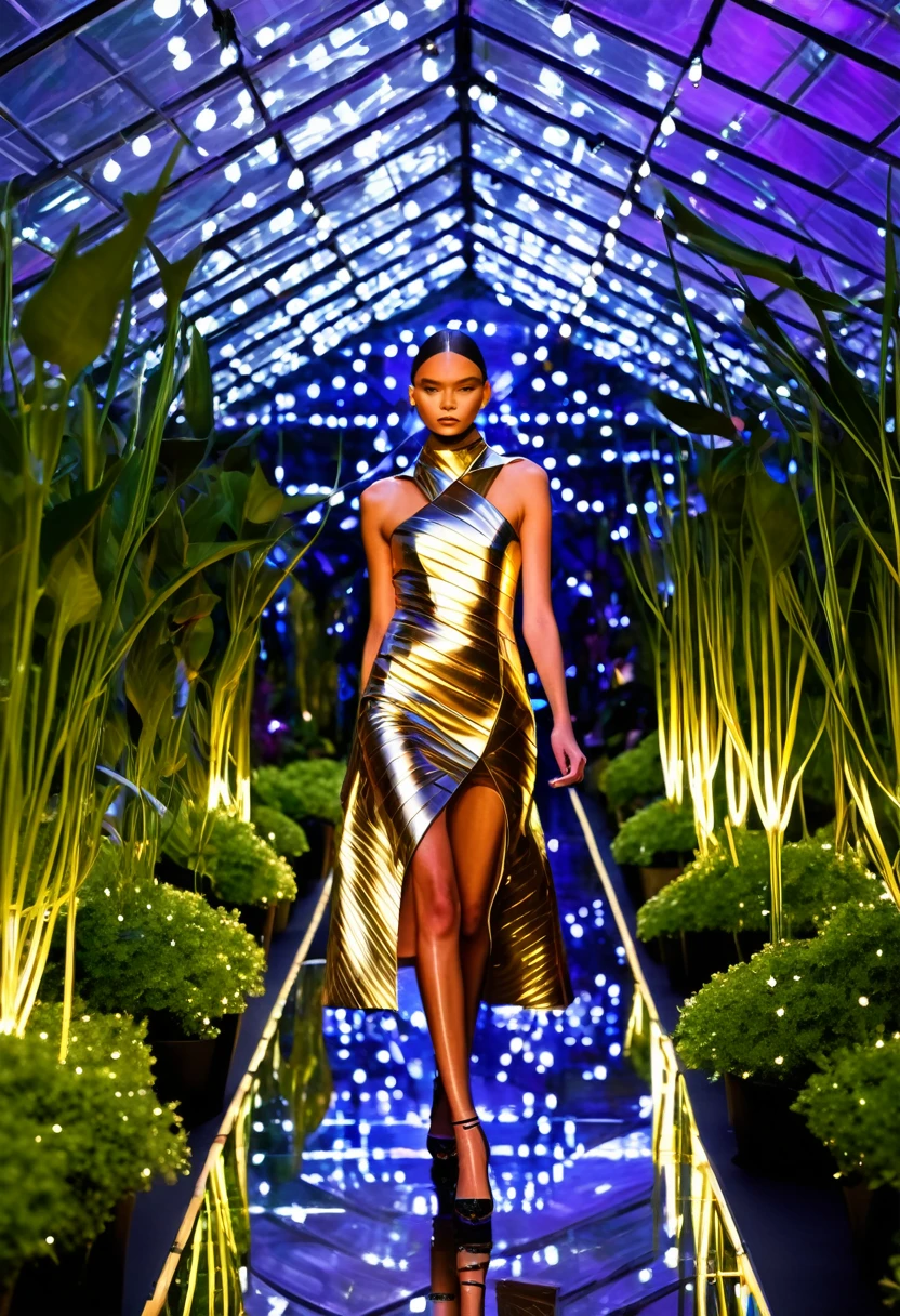 glamorous fashion show held in a Martian greenhouse, showcasing the latest trends in space couture. Models in metallic fabrics and geometric designs strut down a catwalk illuminated by glowing plants. (Style: Bold colors and patterns, exaggerated silhouettes, sense of extravagance and innovation)