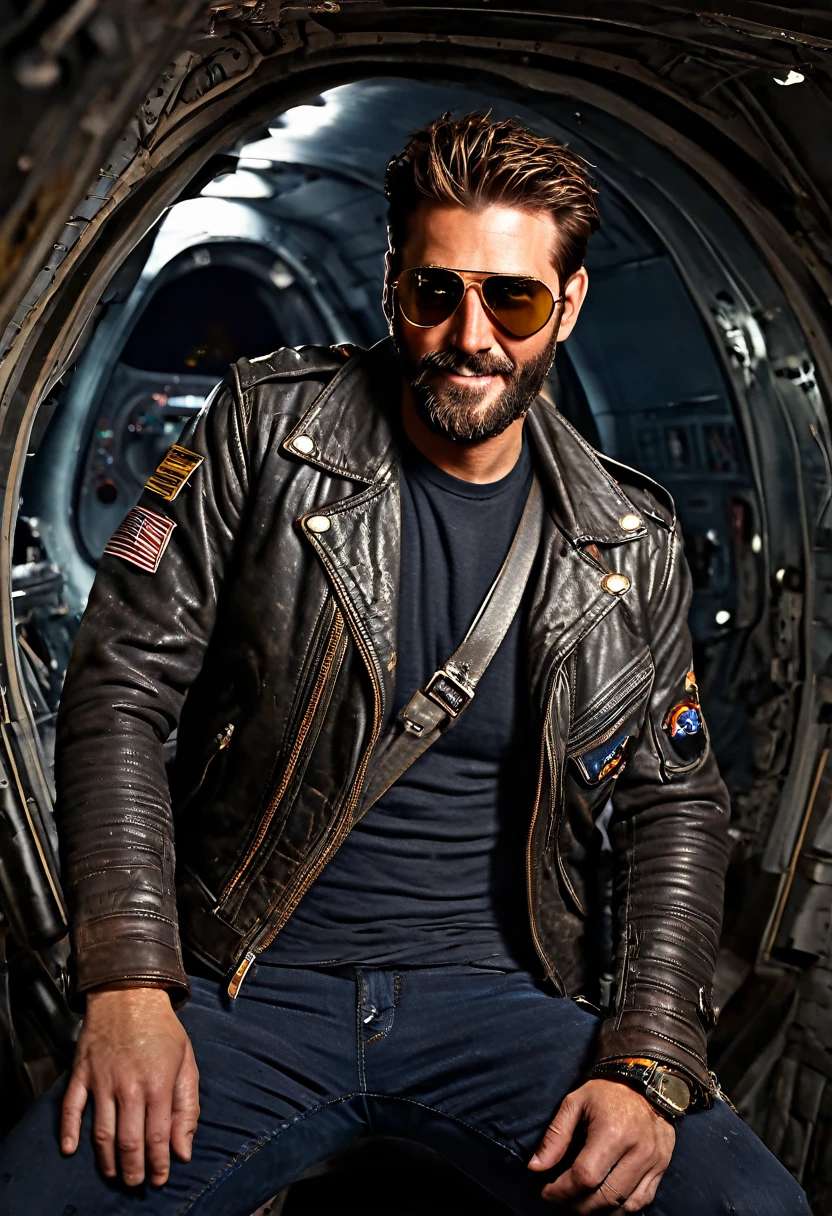 charismatic smuggler with a mischievous grin and a worn leather jacket. He pilots a beat-up spaceship filled with contraband, but secretly uses his profits to help those in need. (Style: Scruffy beard and aviator sunglasses, worn-out spaceship interior, sense of adventure and rebellion)