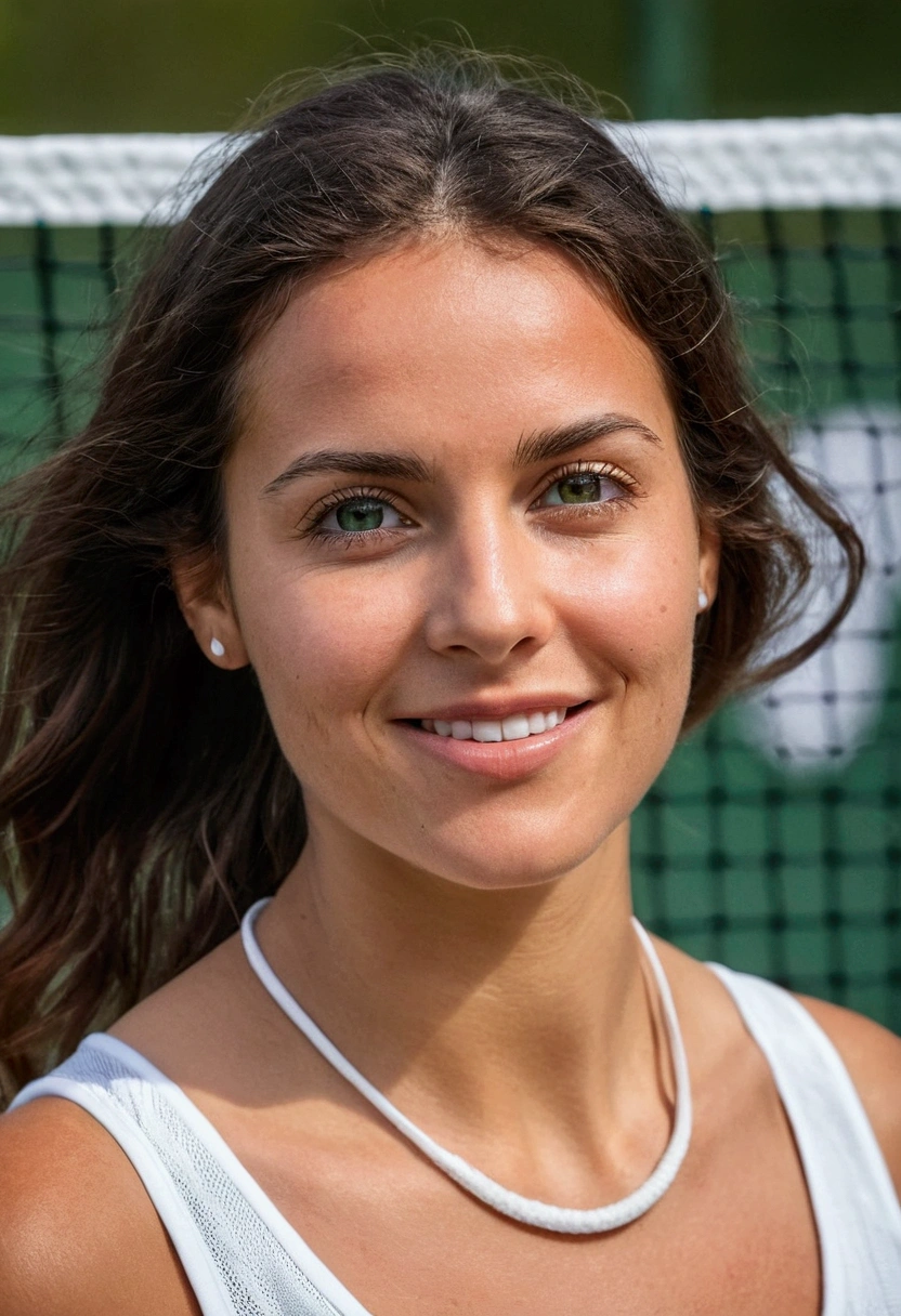 Photoréaliste, ultra-détaillé, Sensuelle jeune femme brune, Photo portrait, seulement, Séance, sur le terrain de tennis d&#39;un terrain de tennis ,  fL&#39;essence de la vraie vie, buste naturel, vingt ans, Séduisant, montrer le décolleté en surbrillance,habiller comme une tennisman, Éclairage d&#39;ambiance, mise au point douce, tons de couleurs chaudes,meilleure ombre, style vintage, grain de film, Meilleure qualité, détails complexes, très détaillé, netteté, peau détaillée, texture de peau réaliste, texture, yeux détaillés, professionnel, 4k, Sourire charmant, tourné avec Canon, 85mm, Faible profondeur de champ, couleur de vision kodak,