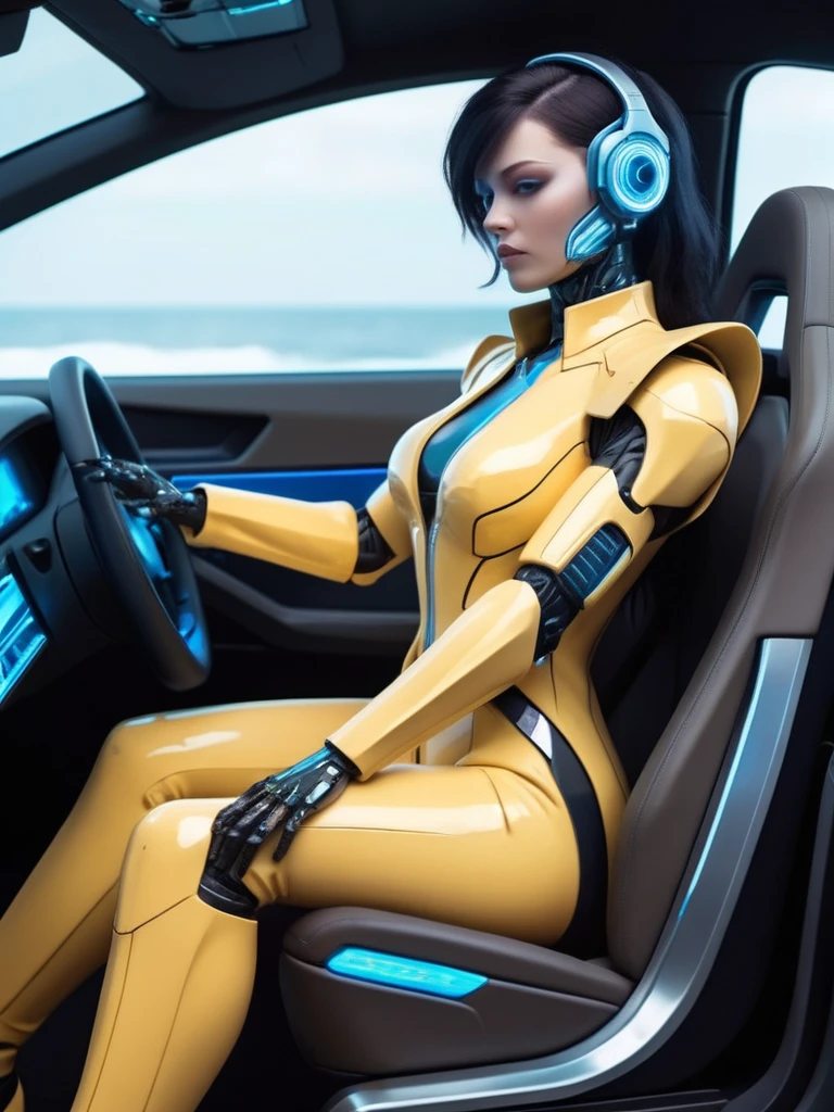 ral-opal, meahophontron, cyberpunk, DEMON ROBOT woman (light yellow suit, black gray, light blue brown) With futuristic armor, (along with a supercar) blue colors, negro, gris con soft tones, background image: (driving through the sea) soft tones