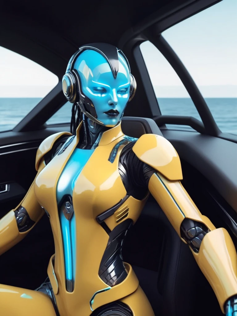 ral-opal, meahophontron, cyberpunk, DEMON ROBOT woman (light yellow suit, black gray, light blue brown) With futuristic armor, (along with a supercar) blue colors, negro, gris con soft tones, background image: (driving through the sea) soft tones