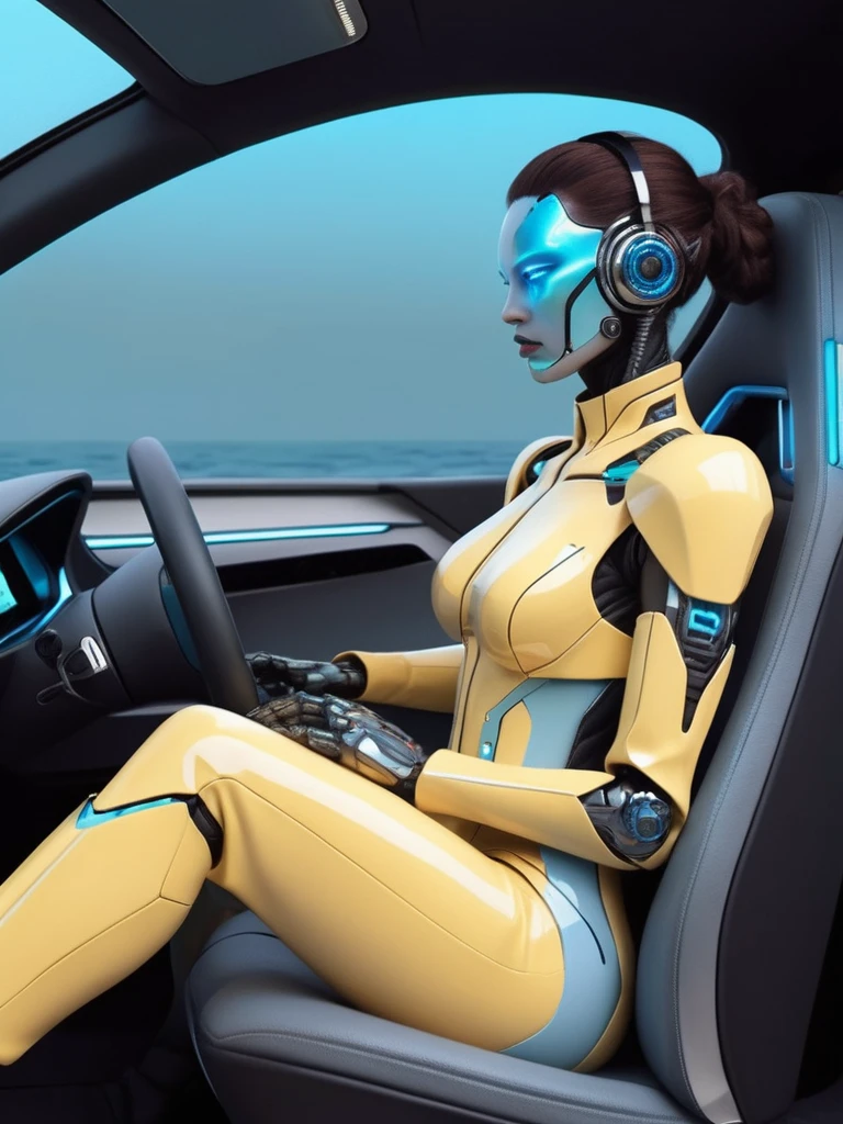 ral-opal, meahophontron, cyberpunk, DEMON ROBOT woman (light yellow suit, black gray, light blue brown) With futuristic armor, (along with a supercar) blue colors, negro, gris con soft tones, background image: (driving through the sea) soft tones