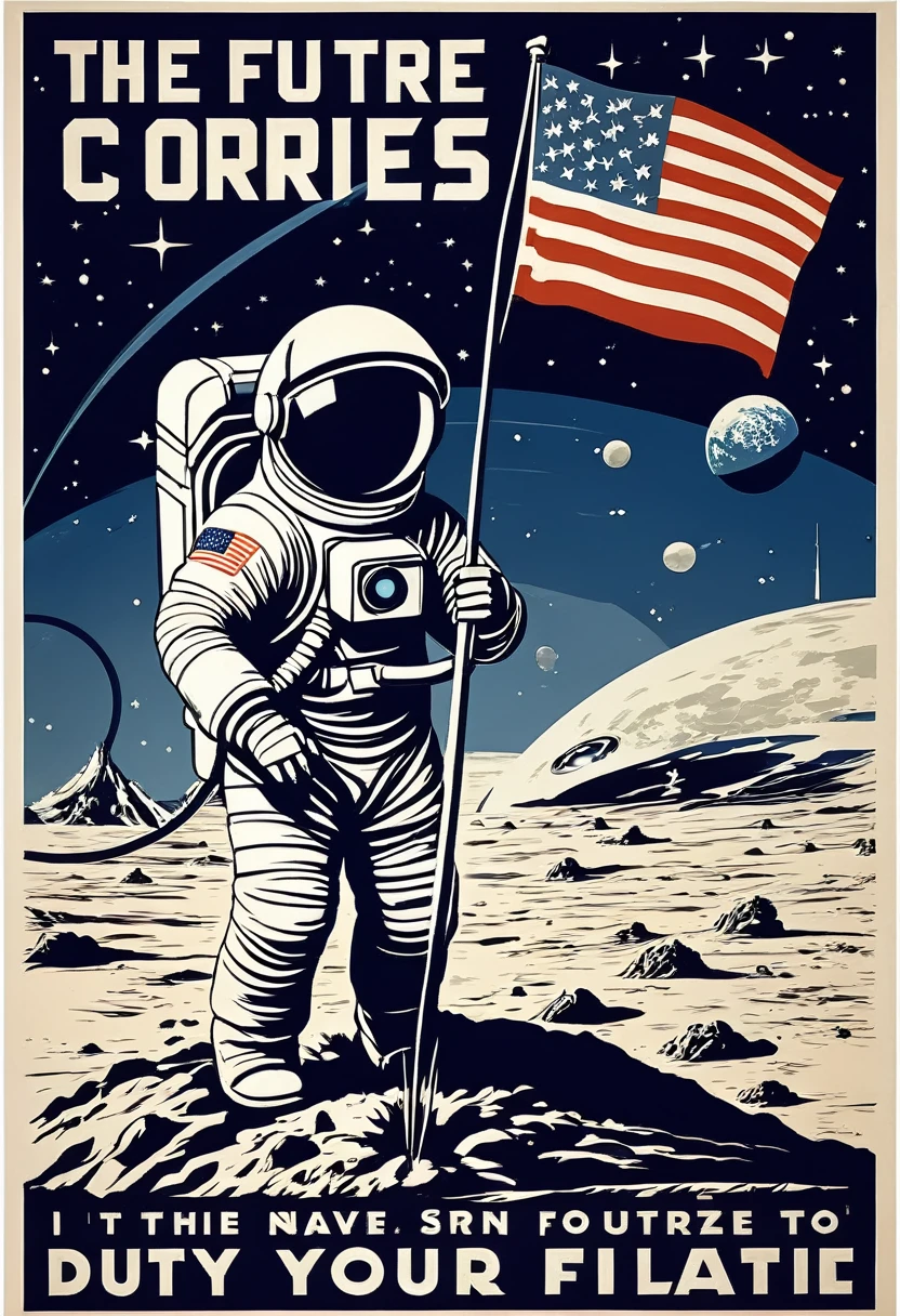 A vintage-style propaganda poster encouraging citizens to join the Space Exploration Corps. It features a heroic astronaut planting a flag on a distant planet, with the slogan "The future is yours to conquer!" (Style: Bold typography, patriotic imagery, sense of duty and ambition)