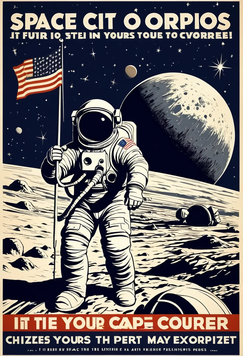 A vintage-style propaganda poster encouraging citizens to join the Space Exploration Corps. It features a heroic astronaut planting a flag on a distant planet, with the slogan "The future is yours to conquer!" (Style: Bold typography, patriotic imagery, sense of duty and ambition)