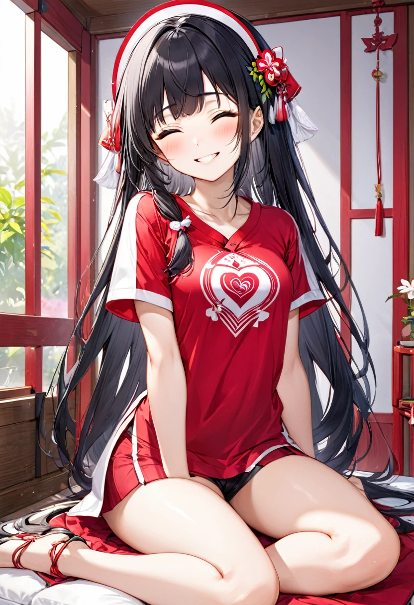 (Ladylike style) (sitting, spread legs), (crossed ankles:1.3), (soro:2, 15 yo, blunt bangs:1.3 black hair long hair sexy shrine maiden girl, sexy closed eyes, grin smile, love smile, medium:1.3 tits), in a summer T-Shirts, hot pants, break, in the cute bedroom, BREAK, perfect anatomy, masterpiece, best quality, 16k, beautiful detailed grow, daydreaming expression.
