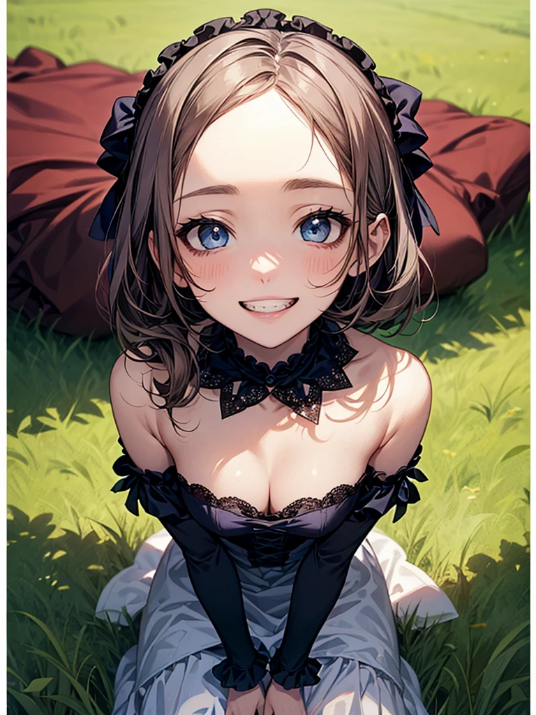 (Biologically correct limb count)、Full body, including face、4K、masterpiece、Focus on the face、Well-proportioned facial features、Delicate descriptive eyes、One beautiful woman、Excellent style、(Blue Gothic ta)、(Grin)、look up、Photos with white borders、Looking into the camera、Lying on the lawn in the park、