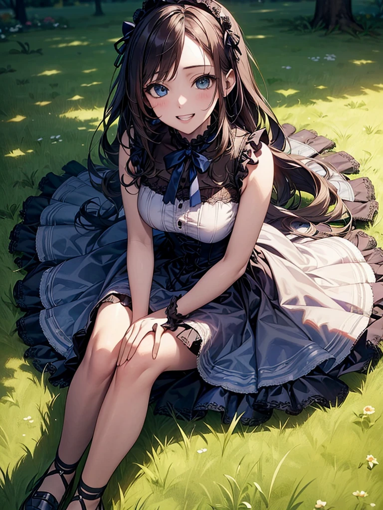 (Biologically correct limb count)、Full body, including face、4K、masterpiece、Focus on the face、Well-proportioned facial features、Delicate descriptive eyes、One beautiful woman、Excellent style、(Blue Gothic Lolita)、(Grin）、look up、Photos with white borders、Looking into the camera、Lying on the lawn in the park、